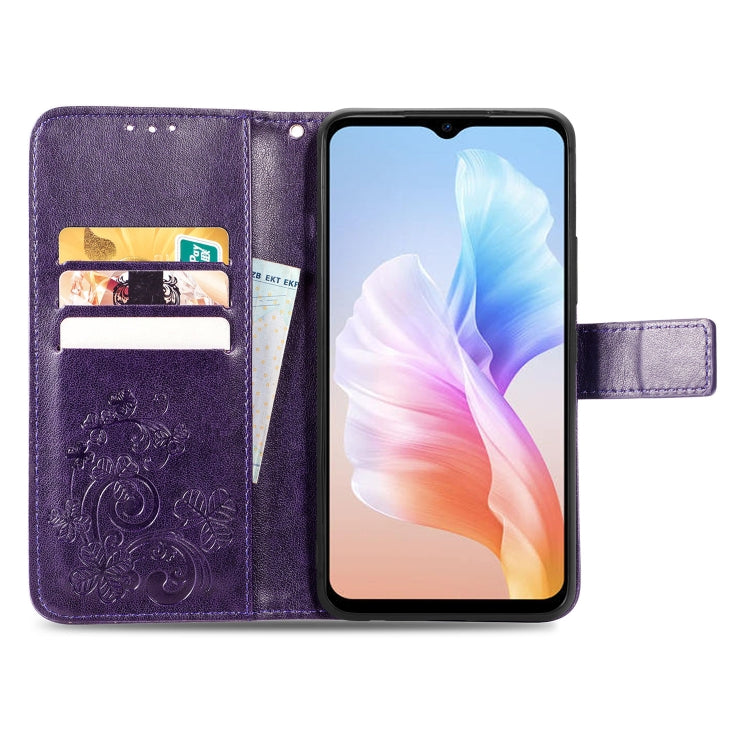 For DOOGEE X98 Pro / X98 Four-leaf Clasp Embossed Buckle Leather Phone Case(Purple) - Doogee Cases by PMC TechLife | Online Shopping South Africa | PMC TechLife | Buy Now Pay Later Mobicred