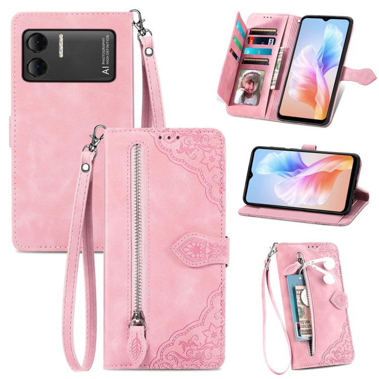 For DOOGEE X98 Pro / X98 Embossed Flower Zipper Leather Phone Case(Pink) - Doogee Cases by PMC TechLife | Online Shopping South Africa | PMC TechLife | Buy Now Pay Later Mobicred