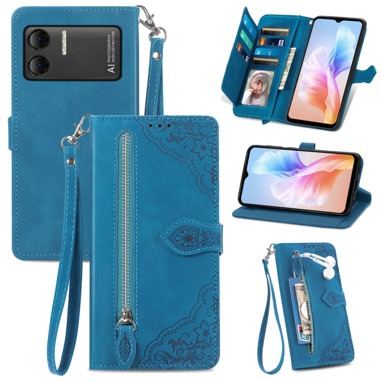For DOOGEE X98 Pro / X98 Embossed Flower Zipper Leather Phone Case(Blue) - Doogee Cases by PMC TechLife | Online Shopping South Africa | PMC TechLife | Buy Now Pay Later Mobicred