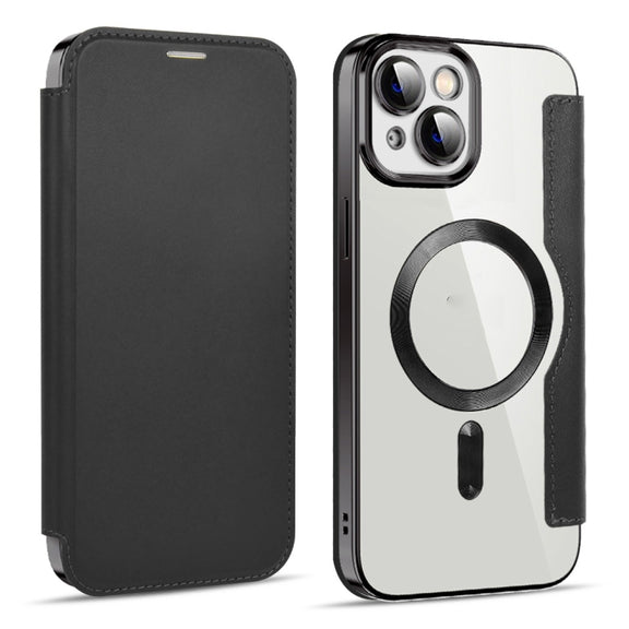 For iPhone 15 Shield MagSafe RFID Anti-theft Leather Phone Case(Black)