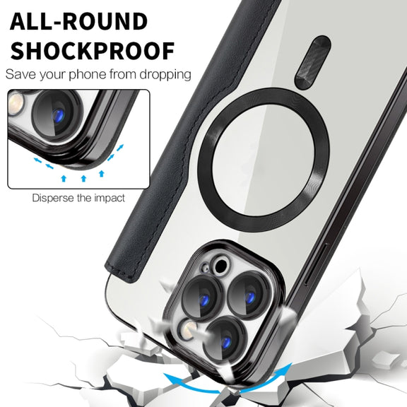 For iPhone 15 Plus Shield MagSafe RFID Anti-theft Leather Phone Case(Black)