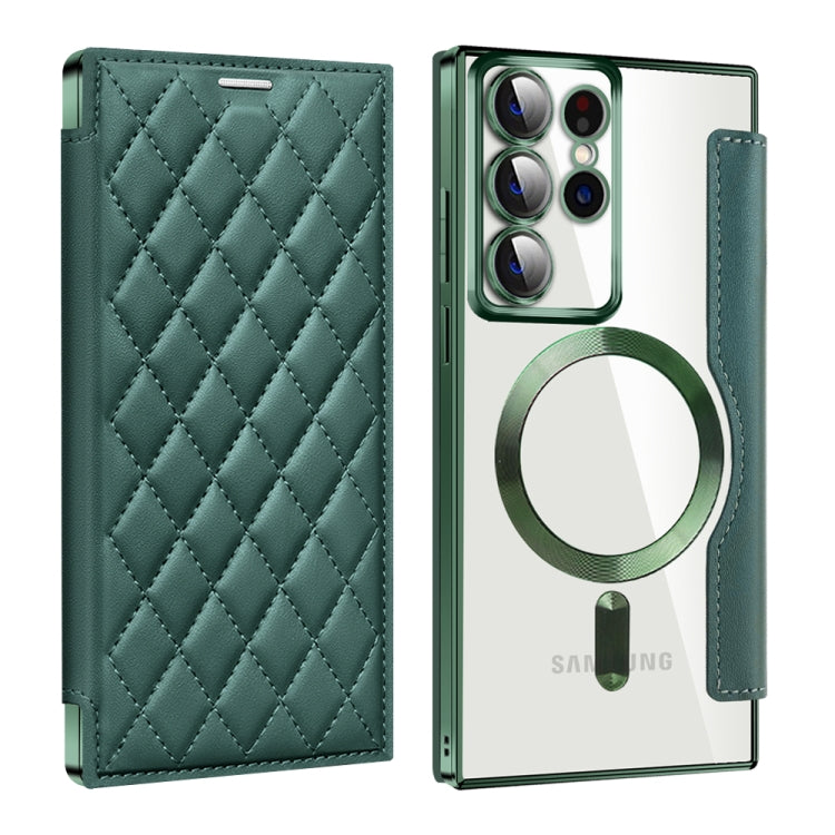 For Samsung Galaxy S22 Ultra 5G Shield MagSafe RFID Anti-theft Rhombus Leather Phone Case(Green) - Galaxy S22 Ultra 5G Cases by PMC TechLife | Online Shopping South Africa | PMC TechLife | Buy Now Pay Later Mobicred