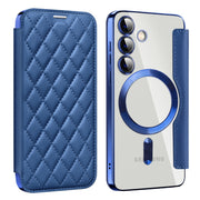 For Samsung Galaxy S25 5G Shield MagSafe RFID Anti-theft Rhombus Leather Phone Case(Dark Blue)