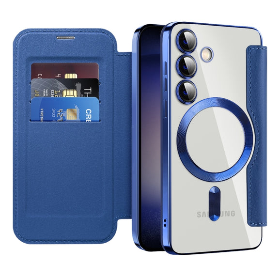 For Samsung Galaxy S25 5G Shield MagSafe RFID Anti-theft Rhombus Leather Phone Case(Dark Blue)