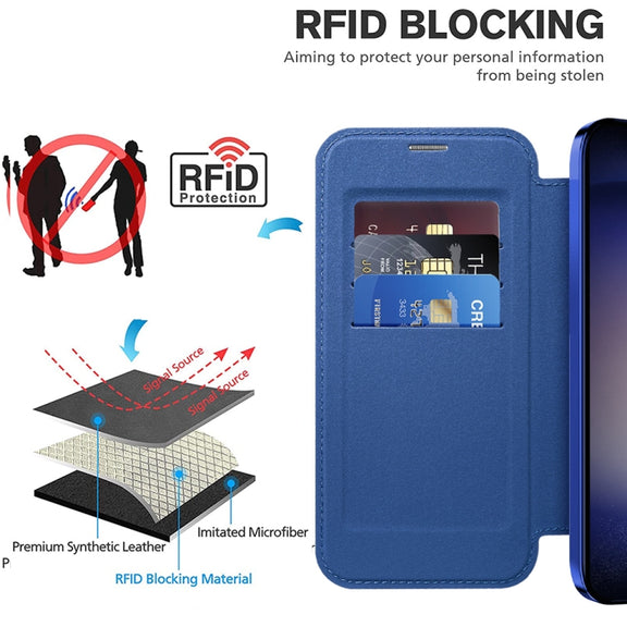 For Samsung Galaxy S25 5G Shield MagSafe RFID Anti-theft Rhombus Leather Phone Case(Dark Blue)