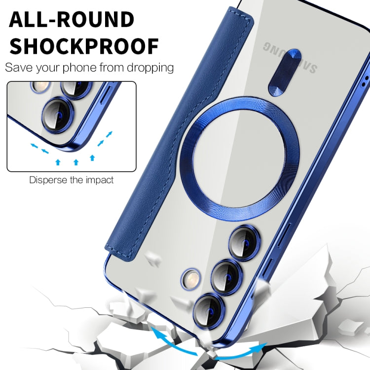 For Samsung Galaxy S25 5G Shield MagSafe RFID Anti-theft Rhombus Leather Phone Case(Dark Blue)