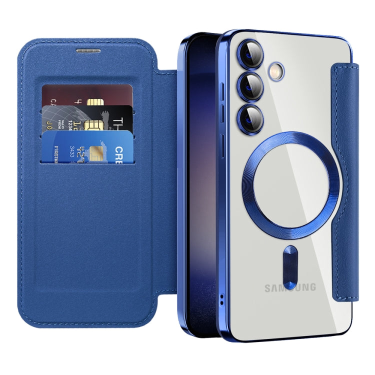 For Samsung Galaxy S25+ 5G Shield MagSafe RFID Anti-theft Rhombus Leather Phone Case(Dark Blue)