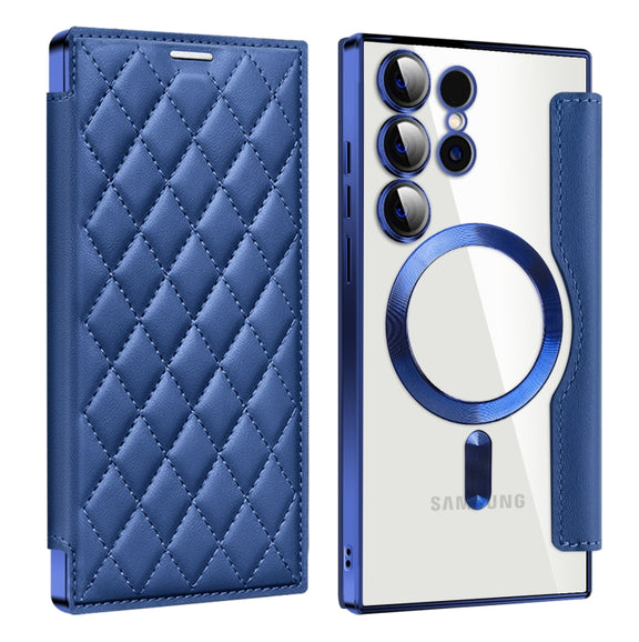 For Samsung Galaxy S25 Ultra 5G Shield MagSafe RFID Anti-theft Rhombus Leather Phone Case(Dark Blue)