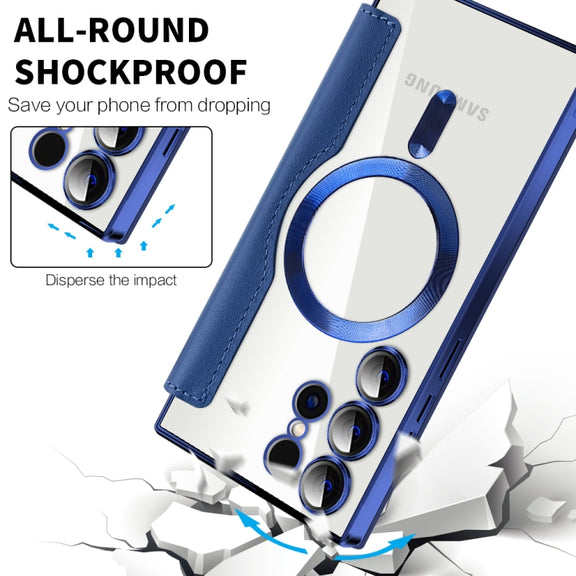 For Samsung Galaxy S25 Ultra 5G Shield MagSafe RFID Anti-theft Rhombus Leather Phone Case(Dark Blue)
