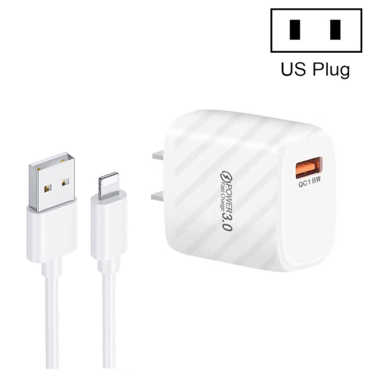 TE-005 QC3.0 18W USB Fast Charger with 1m 3A USB to 8 Pin Cable, US Plug(White) - free shipping - PMC Jewellery - Order now!