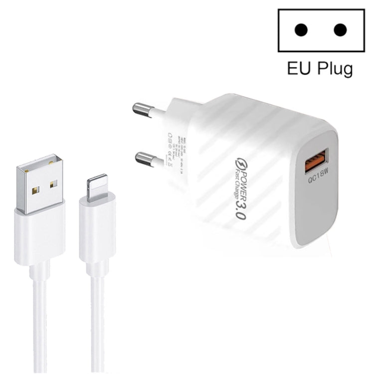 TE-005 QC3.0 18W USB Fast Charger with 1m 3A USB to 8 Pin Cable, EU Plug(White) - free shipping - PMC Jewellery - Order now!