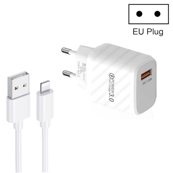 TE-005 QC3.0 18W USB Fast Charger with 1m 3A USB to 8 Pin Cable, EU Plug(White)