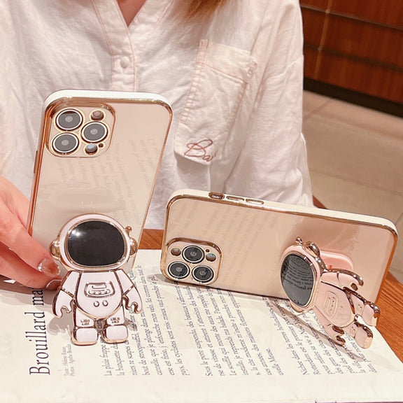 For iPhone 16 Pro Max Electroplating Astronaut Holder Phone Case(Pink)