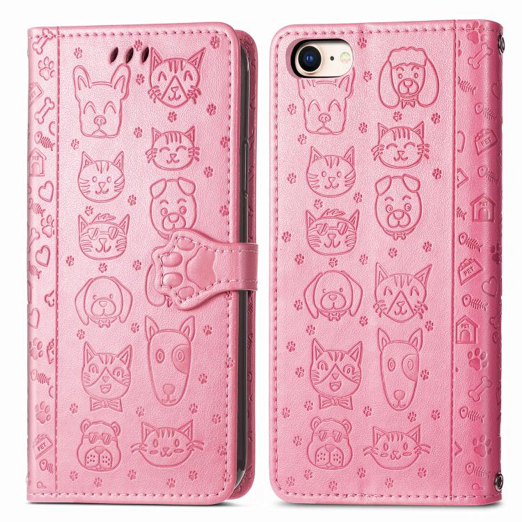 For iPhone 16e Cat and Dog Embossed Leather Phone Case(Pink) - iPhone 16e Cases by PMC TechLife | Online Shopping South Africa | PMC TechLife | Buy Now Pay Later Mobicred