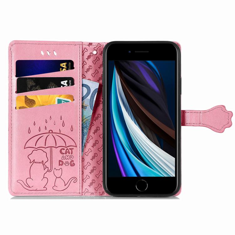 For iPhone 16e Cat and Dog Embossed Leather Phone Case(Pink) - iPhone 16e Cases by PMC TechLife | Online Shopping South Africa | PMC TechLife | Buy Now Pay Later Mobicred