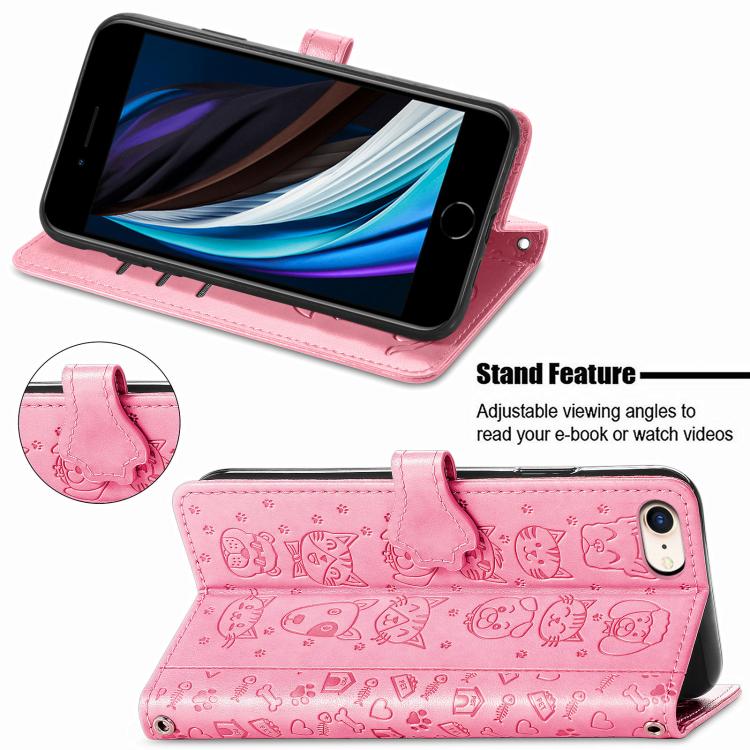 For iPhone 16e Cat and Dog Embossed Leather Phone Case(Pink) - iPhone 16e Cases by PMC TechLife | Online Shopping South Africa | PMC TechLife | Buy Now Pay Later Mobicred