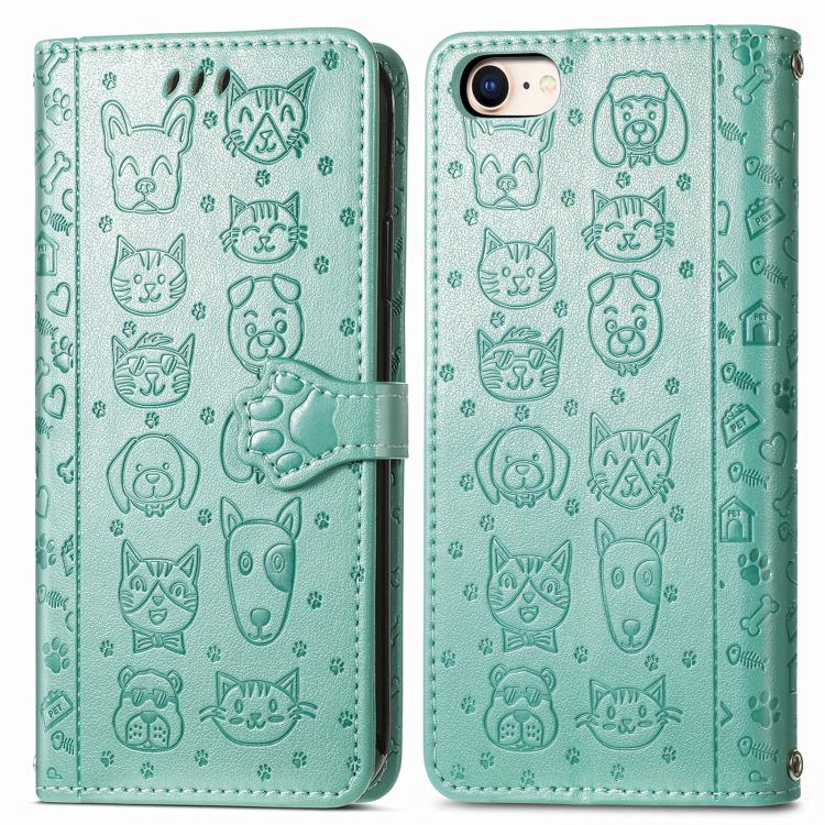 For iPhone 16e Cat and Dog Embossed Leather Phone Case(Green) - iPhone 16e Cases by PMC TechLife | Online Shopping South Africa | PMC TechLife | Buy Now Pay Later Mobicred