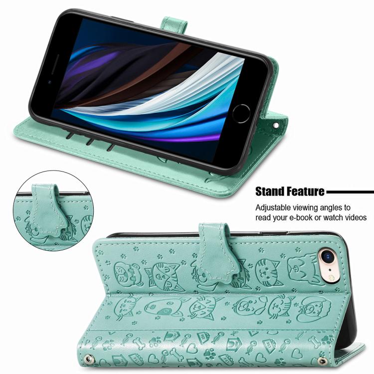 For iPhone 16e Cat and Dog Embossed Leather Phone Case(Green) - iPhone 16e Cases by PMC TechLife | Online Shopping South Africa | PMC TechLife | Buy Now Pay Later Mobicred