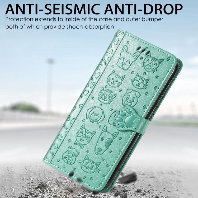 For iPhone 16e Cat and Dog Embossed Leather Phone Case(Green) - iPhone 16e Cases by PMC TechLife | Online Shopping South Africa | PMC TechLife | Buy Now Pay Later Mobicred