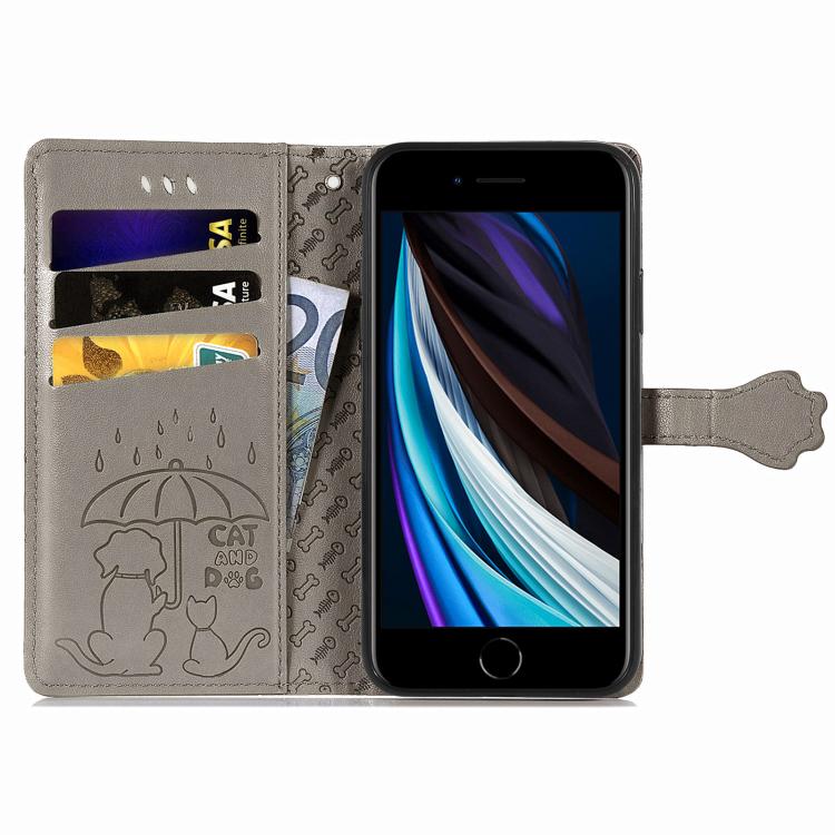 For iPhone 16e Cat and Dog Embossed Leather Phone Case(Gray)