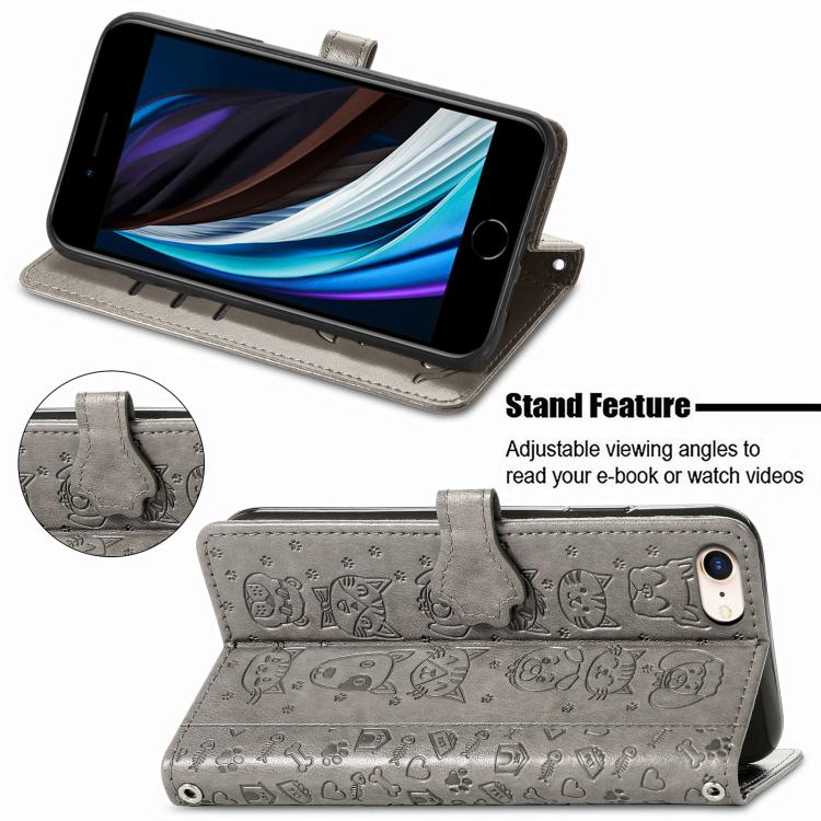 For iPhone 16e Cat and Dog Embossed Leather Phone Case(Gray) - iPhone 16e Cases by PMC TechLife | Online Shopping South Africa | PMC TechLife | Buy Now Pay Later Mobicred