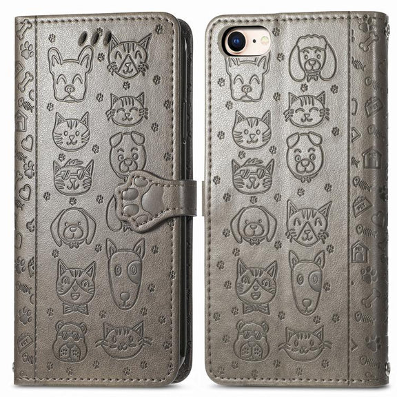 For iPhone 16e Cat and Dog Embossed Leather Phone Case(Gray)