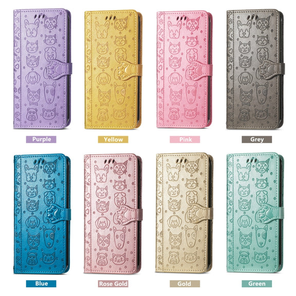 For iPhone 16e Cat and Dog Embossed Leather Phone Case(Gray)