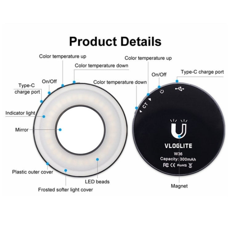 VLOGLITE W36 Mini LED Cell Phone Fill Light With Makeup Mirror Magnetic Selfie Ring Light - free shipping - PMC Jewellery - Order now!