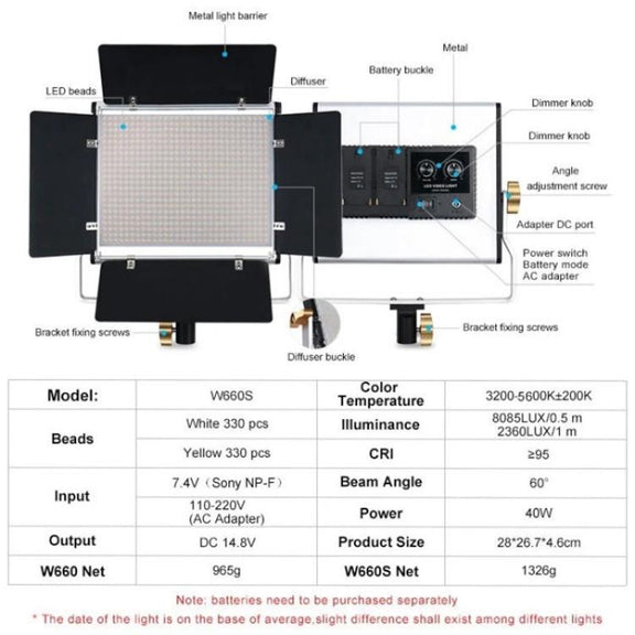 VLOGLITE W660S For Video Film Recording 3200-5600K Lighting LED Video Light with Tripod, Plug:UK Plug