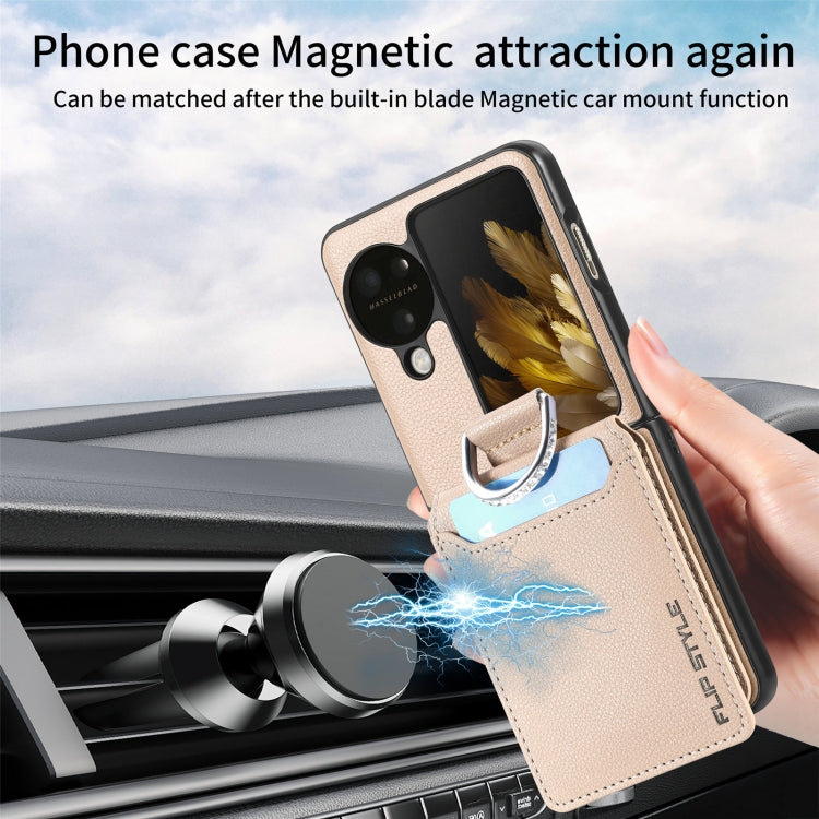 For OPPO Find N3 Flip Litchi PU Ring Holder Wallet Phone Case(Khaki) - Find N3 Flip Cases by PMC TechLife | Online Shopping South Africa | PMC TechLife