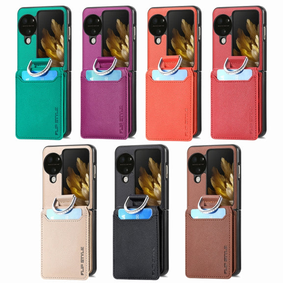 For OPPO Find N3 Flip Litchi PU Ring Holder Wallet Phone Case(Khaki)