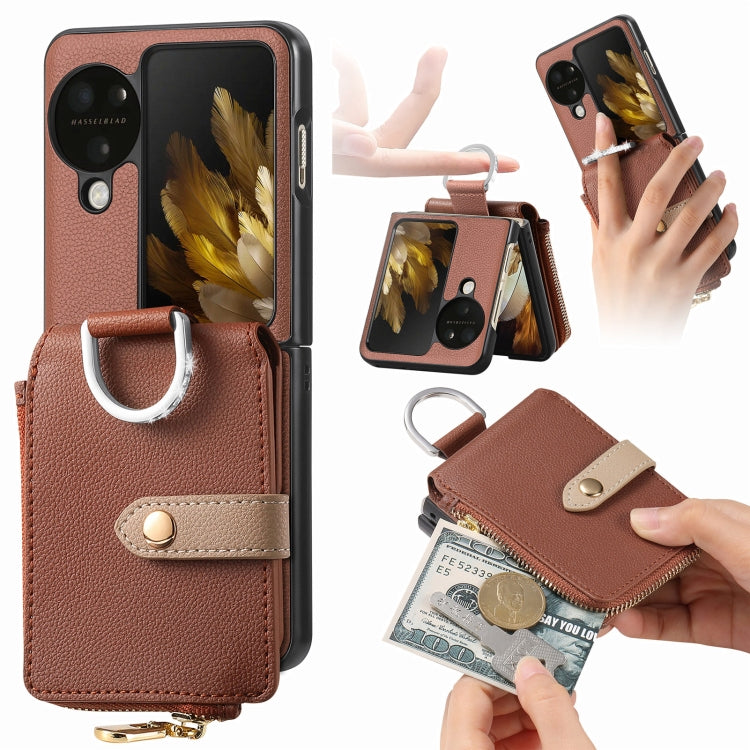 For OPPO Find N3 Flip Vertical Flip Zipper Wallet Ring Leather Phone Case(Brown) - Find N3 Flip Cases by PMC TechLife | Online Shopping South Africa | PMC TechLife