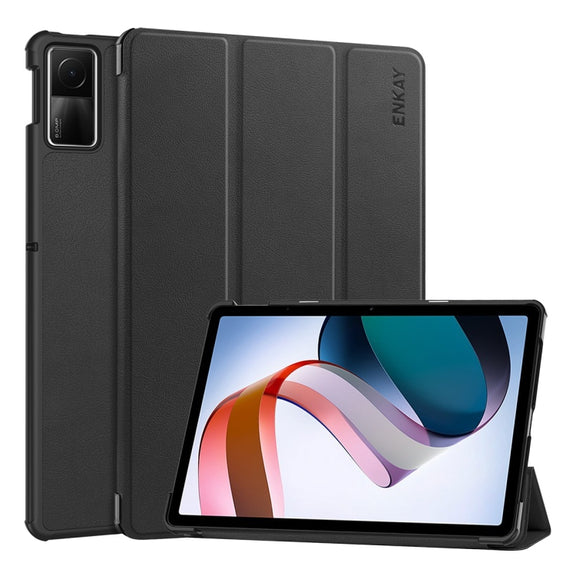 For Redmi Pad SE 11.0 ENKAY Tri-fold Custer Texture Leather Smart Tablet Case(Black)