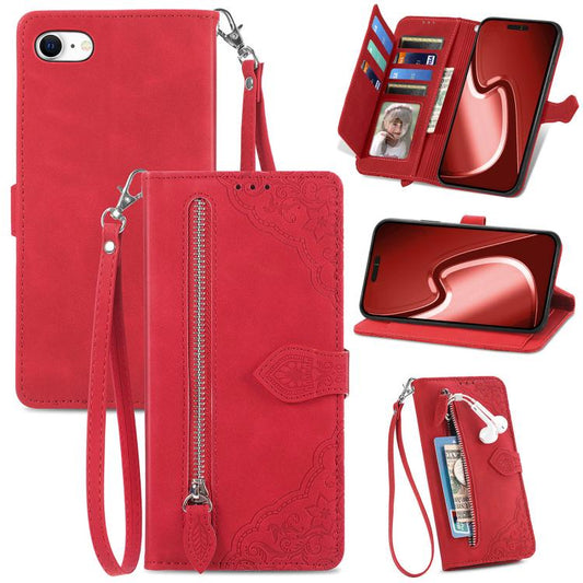 For iPhone 16e Embossed Flower Zipper Leather Phone Case(Red) - iPhone 16e Cases by PMC Jewellery | Online Shopping South Africa | PMC Jewellery | Buy Now Pay Later Mobicred