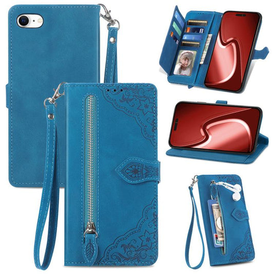For iPhone 16e Embossed Flower Zipper Leather Phone Case(Blue) - iPhone 16e Cases by PMC Jewellery | Online Shopping South Africa | PMC Jewellery | Buy Now Pay Later Mobicred