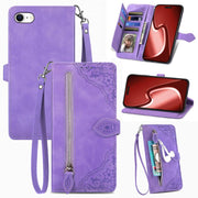 For iPhone 16e Embossed Flower Zipper Leather Phone Case(Purple)