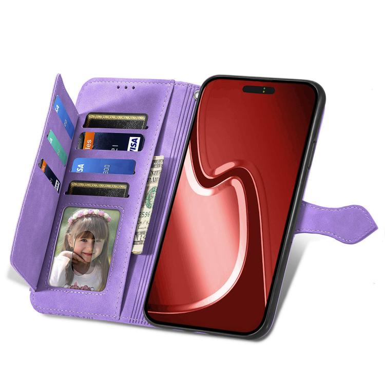 For iPhone 16e Embossed Flower Zipper Leather Phone Case(Purple) - iPhone 16e Cases by PMC TechLife | Online Shopping South Africa | PMC TechLife | Buy Now Pay Later Mobicred