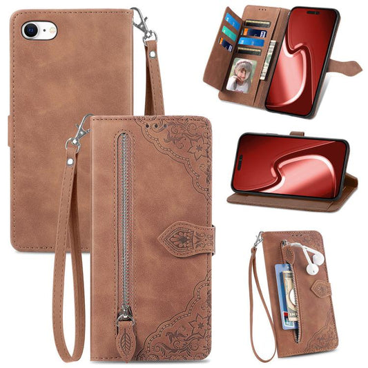 For iPhone 16e Embossed Flower Zipper Leather Phone Case(Brown) - iPhone 16e Cases by PMC Jewellery | Online Shopping South Africa | PMC Jewellery | Buy Now Pay Later Mobicred