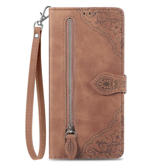 For iPhone 16e Embossed Flower Zipper Leather Phone Case(Brown)