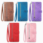 For iPhone 16e Embossed Flower Zipper Leather Phone Case(Brown)