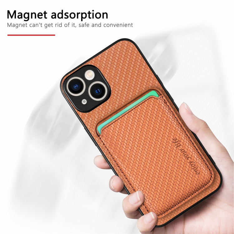 For iPhone 15 Plus Carbon Fiber Leather Card Magsafe Phone Case(Brown) - iPhone 15 Plus Cases by PMC TechLife | Online Shopping South Africa | PMC TechLife