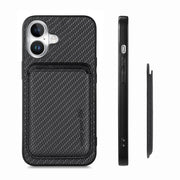 For iPhone 16 Carbon Fiber Leather Card Magsafe Phone Case(Black)