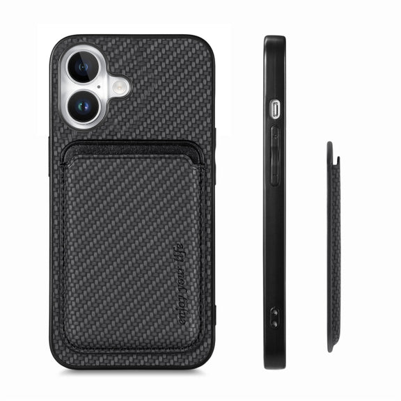 For iPhone 16 Carbon Fiber Leather Card Magsafe Phone Case(Black)