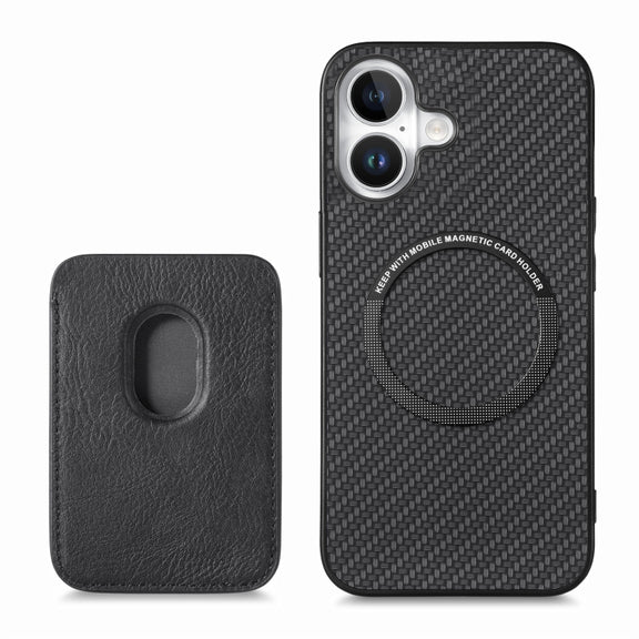 For iPhone 16 Carbon Fiber Leather Card Magsafe Phone Case(Black)