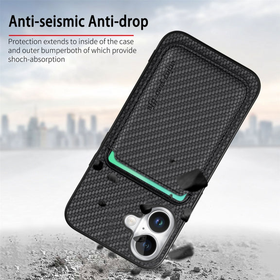 For iPhone 16 Carbon Fiber Leather Card Magsafe Phone Case(Black)