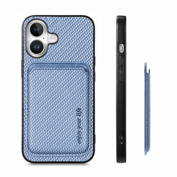 For iPhone 16 Carbon Fiber Leather Card Magsafe Phone Case(Blue)