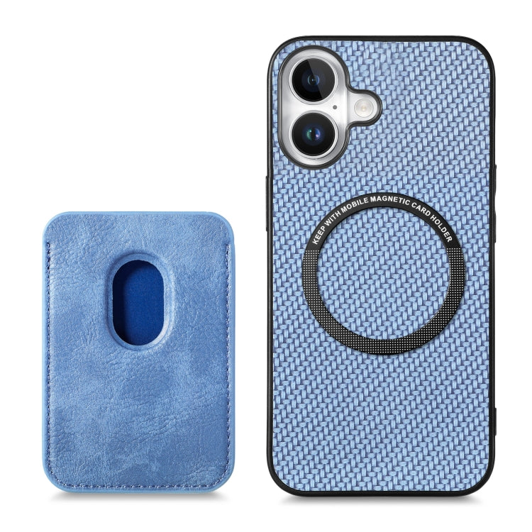 For iPhone 16 Carbon Fiber Leather Card Magsafe Phone Case(Blue)