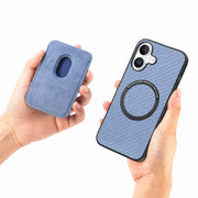 For iPhone 16 Carbon Fiber Leather Card Magsafe Phone Case(Blue)