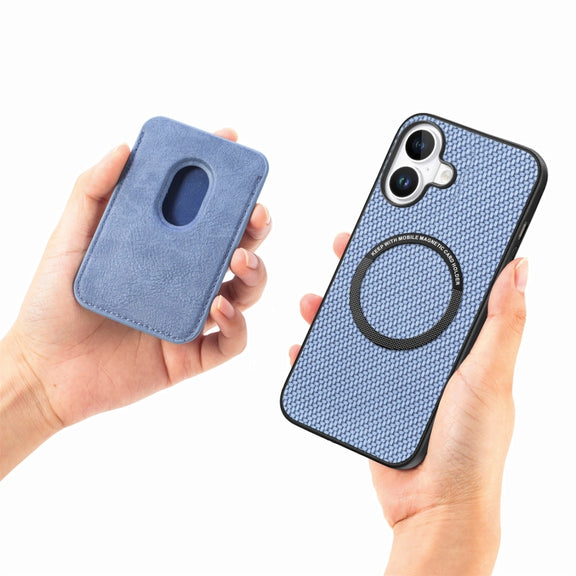 For iPhone 16 Carbon Fiber Leather Card Magsafe Phone Case(Blue)