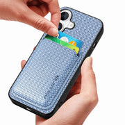 For iPhone 16 Carbon Fiber Leather Card Magsafe Phone Case(Blue)